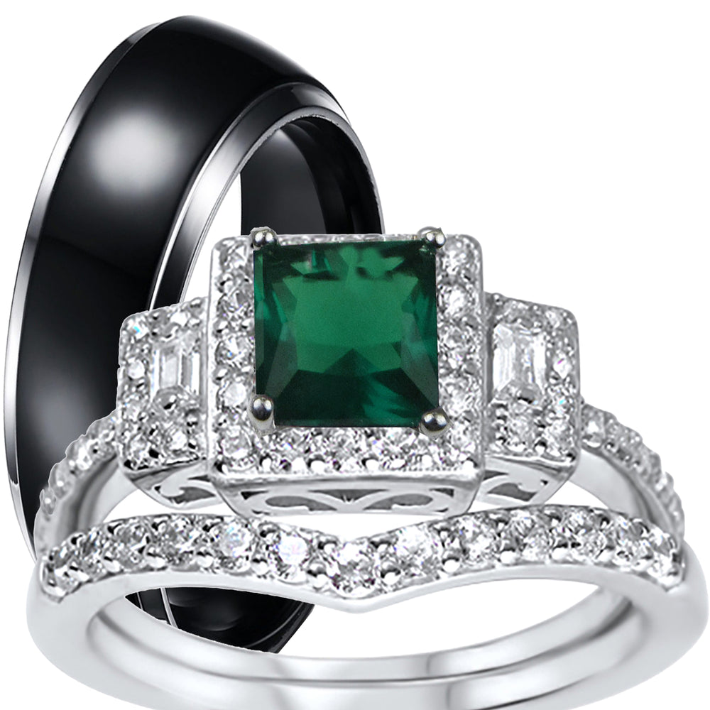 His and Her Simulated Emerald Green TRIO Wedding Ring Set