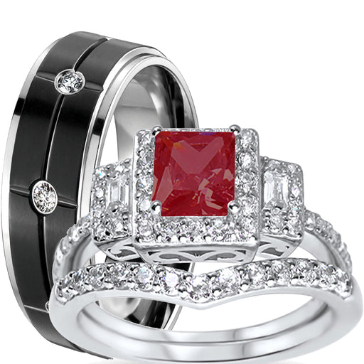 His Her Wedding Ring Set Red Black Couples Rings for Women Men Size