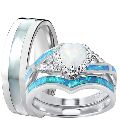Wedding Ring SetHis Hers Sterling Silver Opal CZ Engagement TRIO Set Him Her