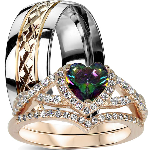 His Her Wedding Ring Set 3 PCS TRIO Silver Titanium Couples Bands