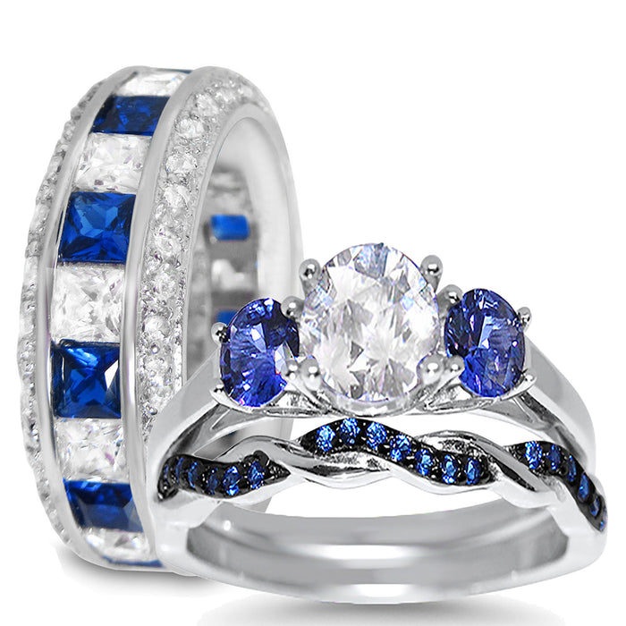 His and Her Simulated Blue Simulated Sapphire Wedding Engagement Ring Set