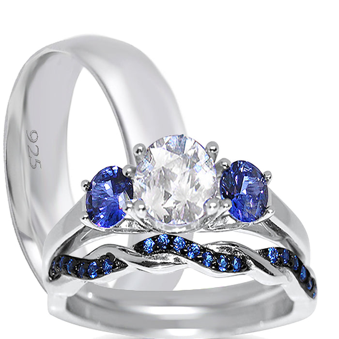 His and Her Simulated Blue Simulated Sapphire Sterling Silver Wedding Engagement Ring Set