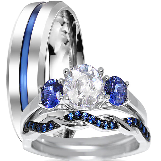 His Her Simulated Blue Simulated Sapphire Silver Steel TRIO Wedding Ring Set