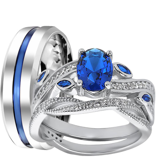 His and Her Wedding Ring Set Thin Blue Line Couples Rings