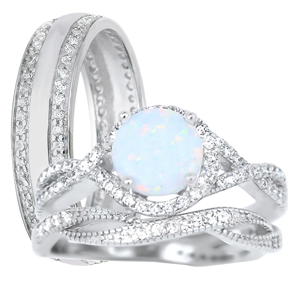 His and Her TRIO Wedding Band Engagement Ring Set