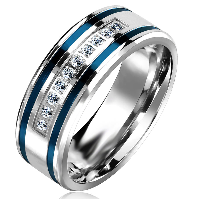 His and Her Wedding Rings Set Silver Steel Blue Engagement Couples TRIO Rings