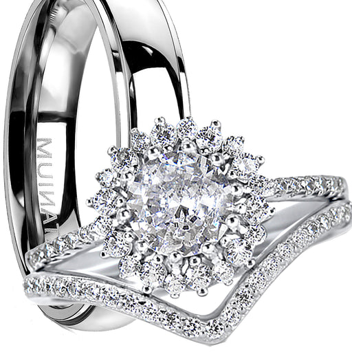 His Her Silver Titanium TRIO Wedding Ring Set