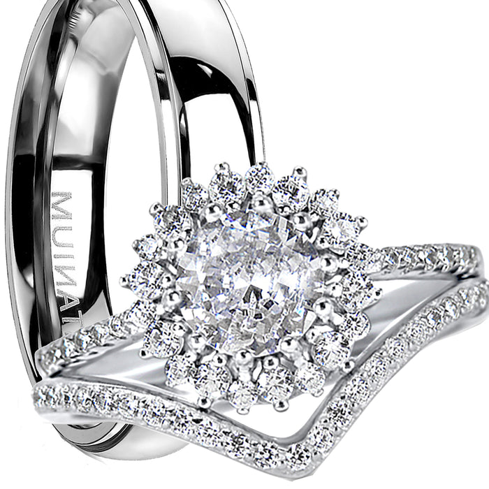 His Her Silver Titanium TRIO Wedding Ring Set