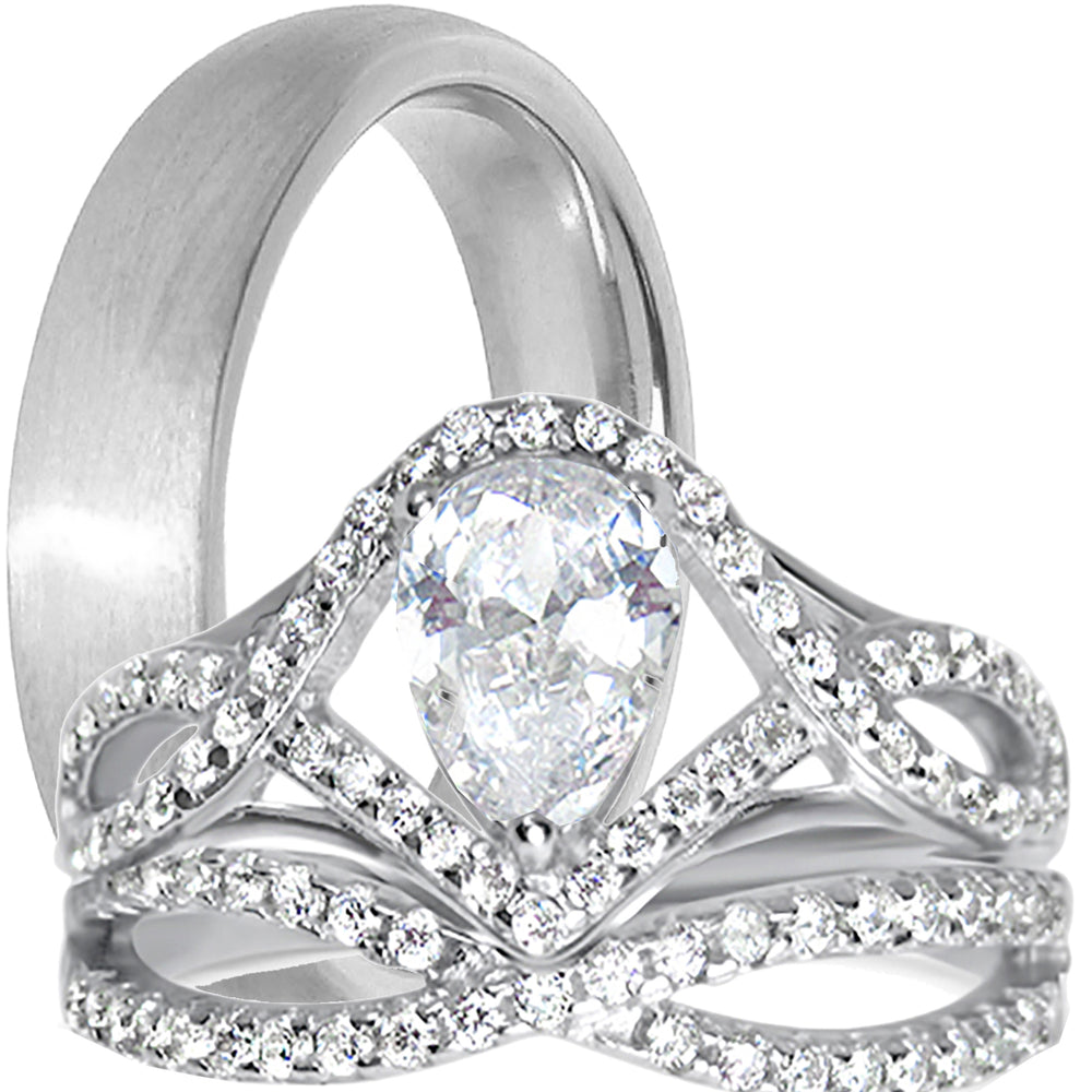 His and Her TRIO Wedding Band Pear Engagement Ring Set for Bride Groom