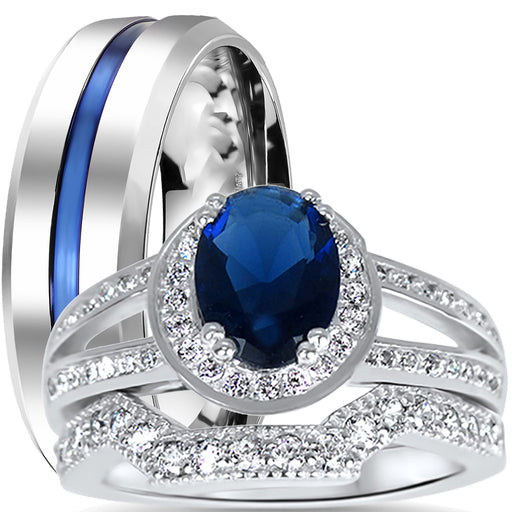 His and Her Simulated Blue Simulated Sapphire Sterling Silver Steel Wedding Ring Set