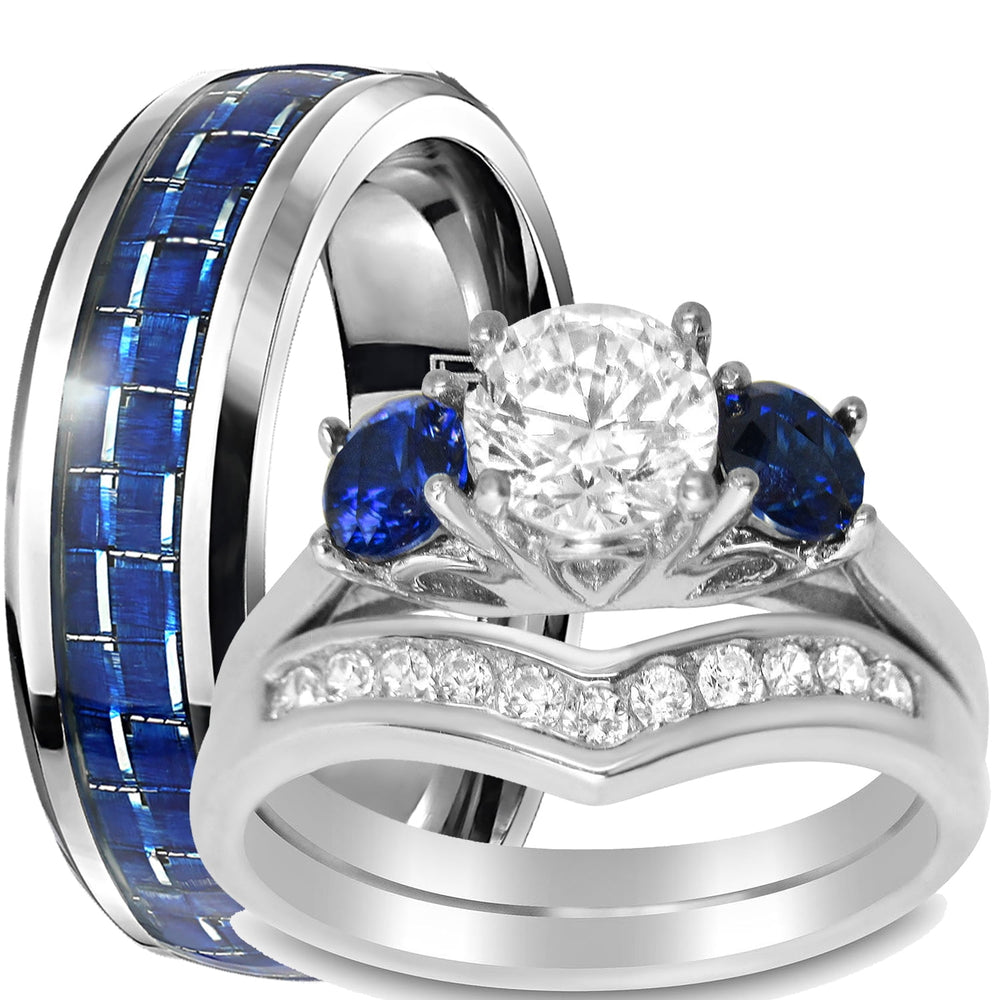 unique vintage blue white silver his her wedding ring set