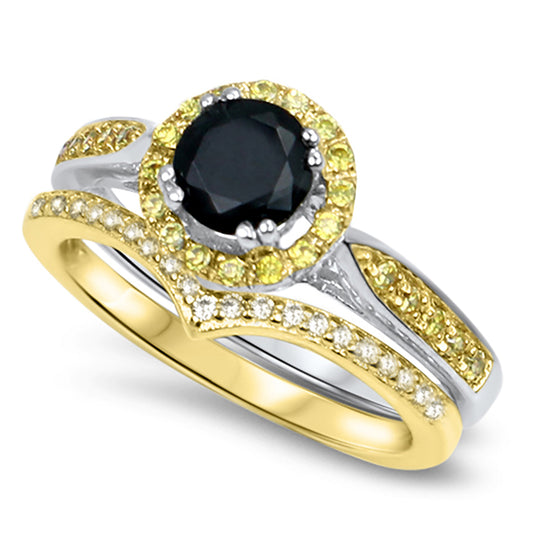 Front view of the women's black cz bridal ring set, showing the engagement ring and matching wedding band on white.