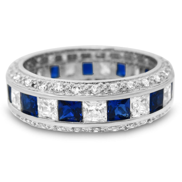 His Hers Wedding Ring Set Blue Silver TRIO Wedding Rings Bride Groom