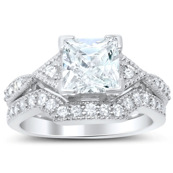 His and Her Princess Cut Sterling Silver Wedding Engagement Ring Set Couples Rings for Bride Groom