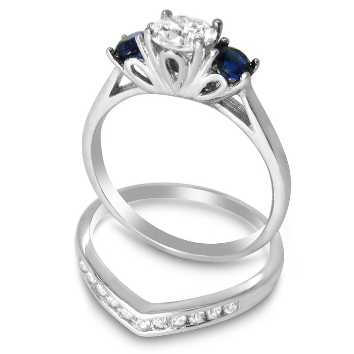 His and Her Wedding Rings Set Matching Simulated Blue Simulated Sapphire Silver Steel Couples Rings