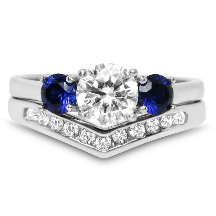 His and Her Wedding Rings Set Matching Simulated Blue Simulated Sapphire Silver Steel Couples Rings