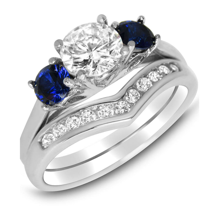 His Hers Wedding Ring Set Blue Silver TRIO Wedding Rings Bride Groom