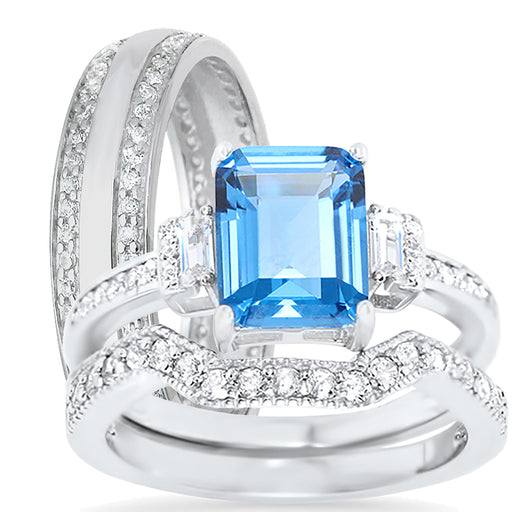 Sterling Silver His and Her TRIO Wedding and Engagement Ring Set
