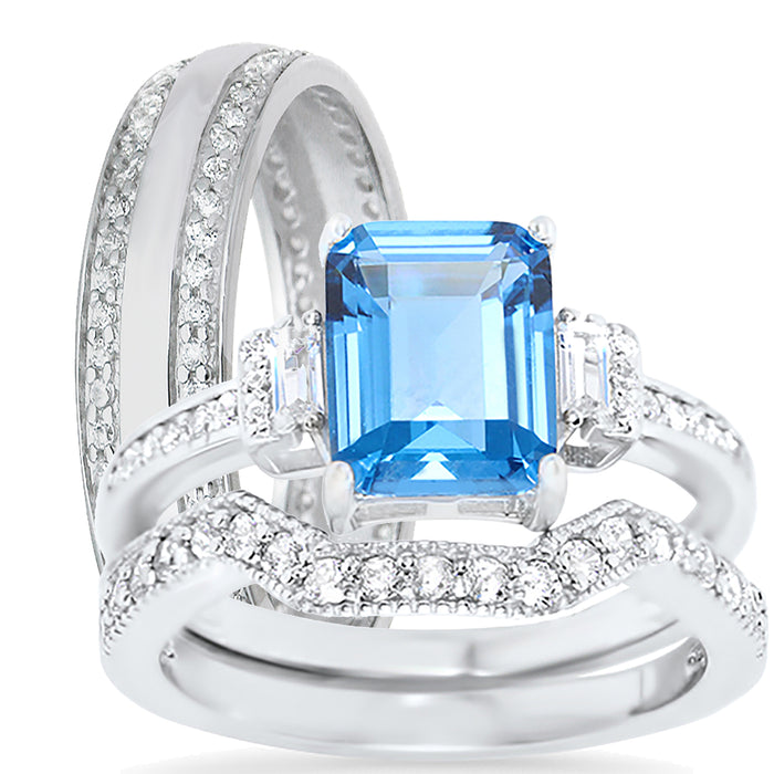 Sterling Silver His and Her TRIO Wedding and Engagement Ring Set