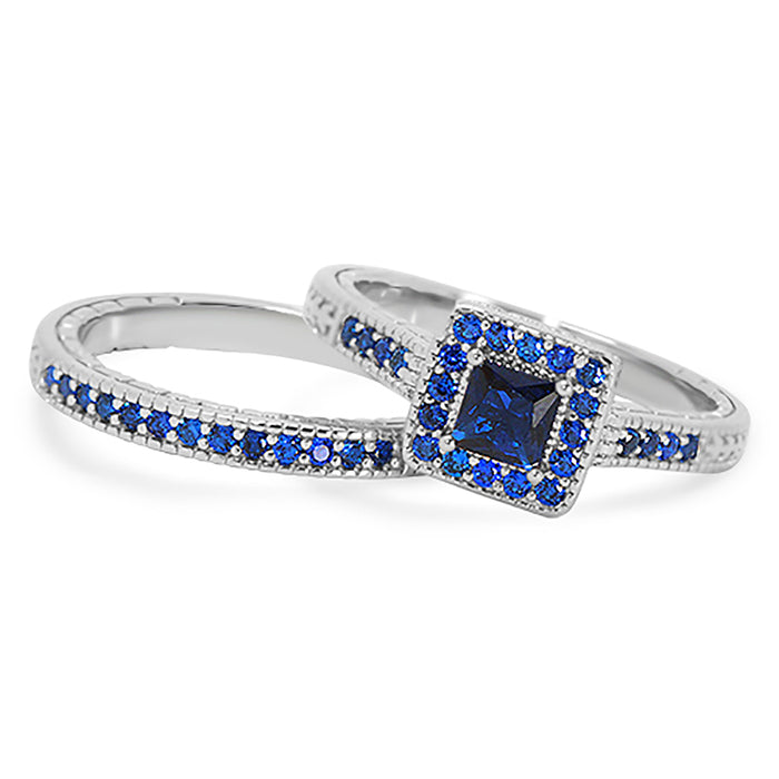 His Her Simulated Blue Simulated Sapphire Wedding Engagement Ring Set