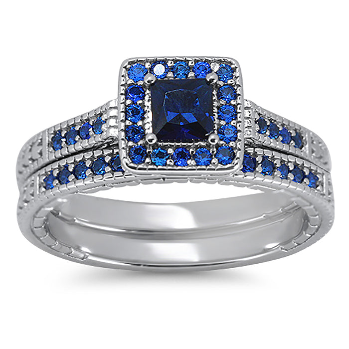 His Her Simulated Blue Simulated Sapphire Wedding Engagement Ring Set