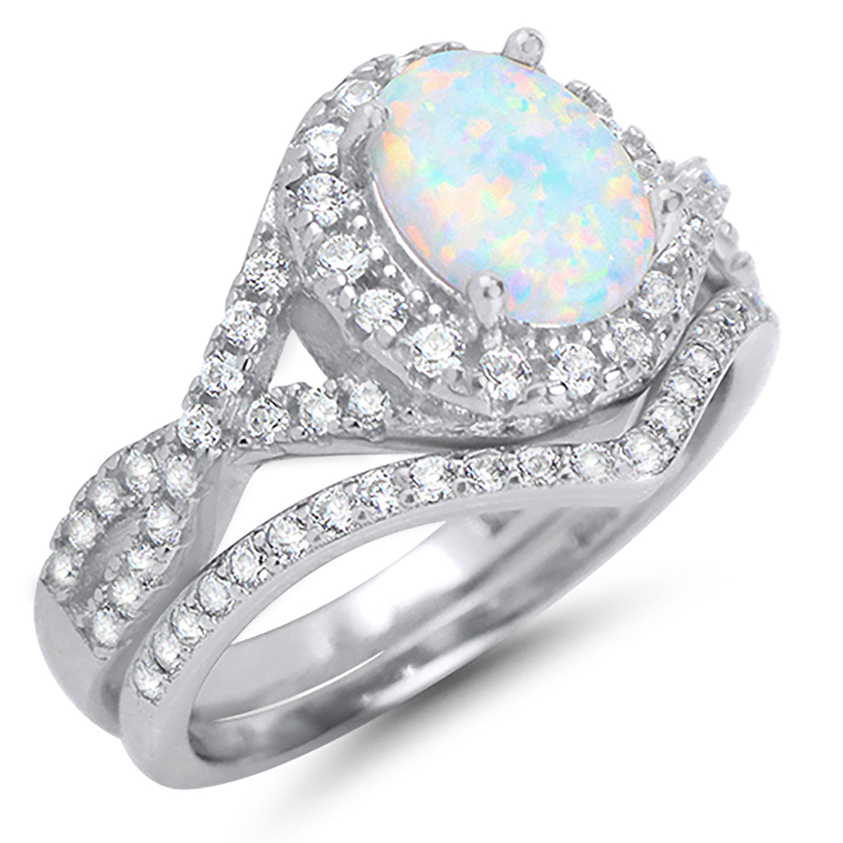 Alternate view of white Opal Halo Sterling Silver Wedding and Engagement Ring Set | Style 57978