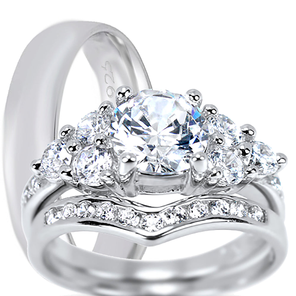 Sterling SilverHis and Her Wedding Ring Set TRIO Matching Couples Engagement Rings for Him Her