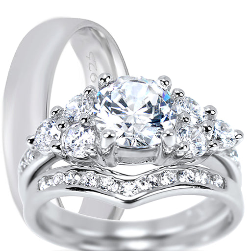 Sterling SilverHis and Her Wedding Ring Set TRIO Matching Couples Engagement Rings for Him Her