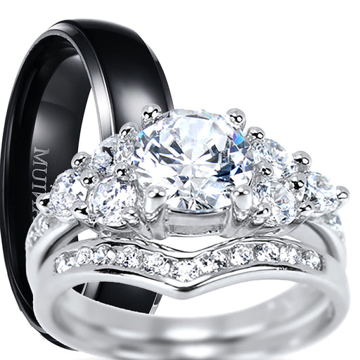 His and Her Wedding Ring Set TRIO Matching Rings for Him Her