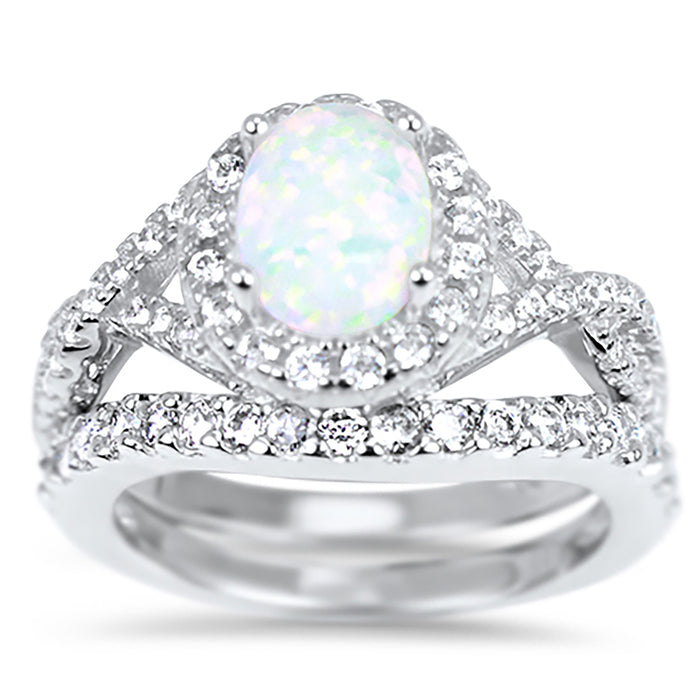 TRIO His Her Opal Silver Titanium Wedding Engagement Ring Set