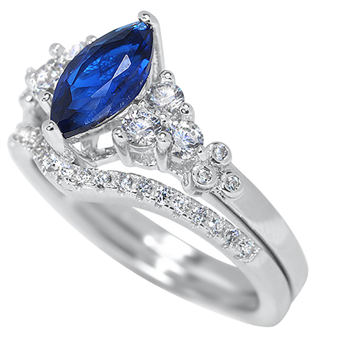 His and Hers Marquise 3 Stone Sterling Silver Wedding Ring Set