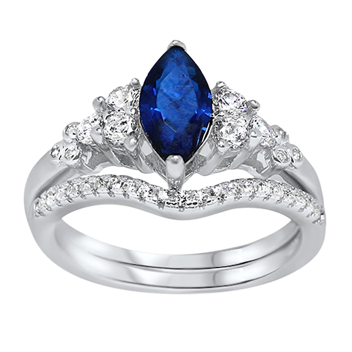 His and Her Wedding Ring Set Simulated Blue Simulated Sapphire Marquise Sterling Silver Him Her