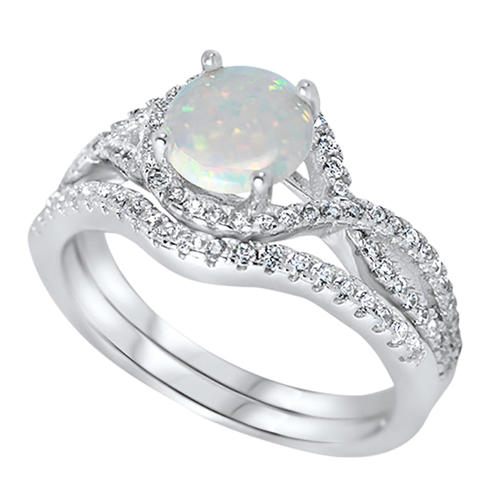 His and Her Wedding Rings Set Sterling Silver White Opal
