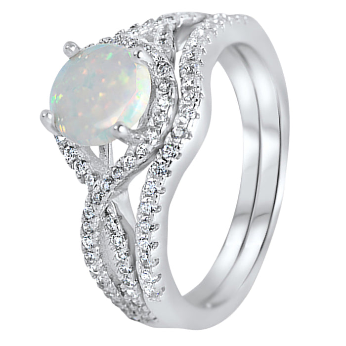 His and Her Wedding Rings Set Sterling Silver White Opal