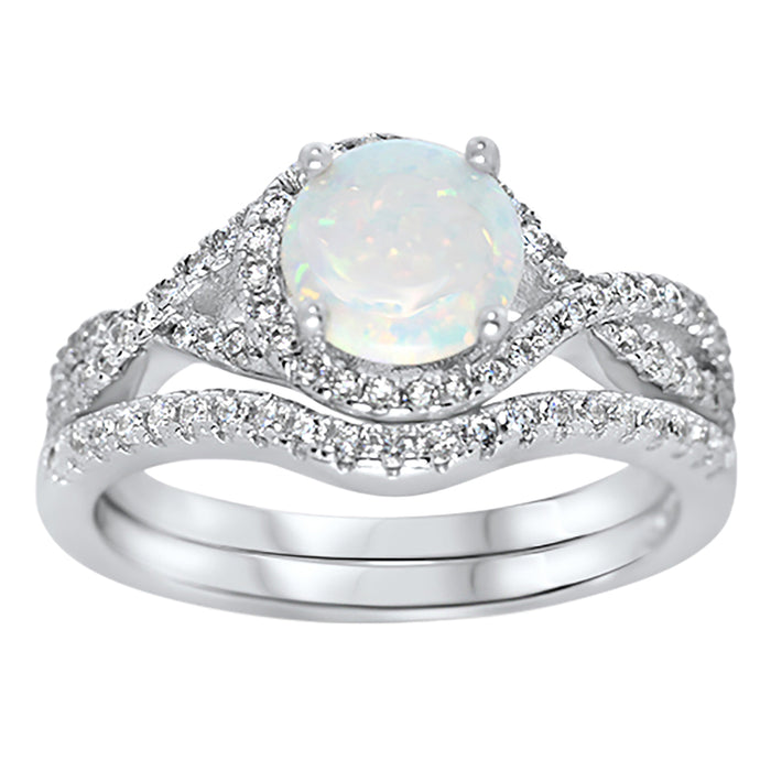 His and Her Wedding Rings Set Sterling Silver White Opal