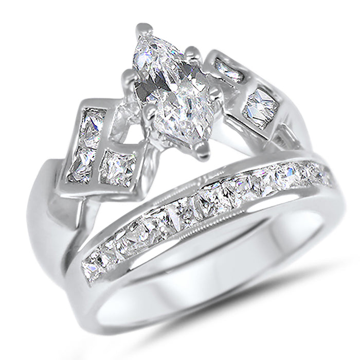 His Her 3 Piece Sterling Silver Wedding Engagement Ring Set