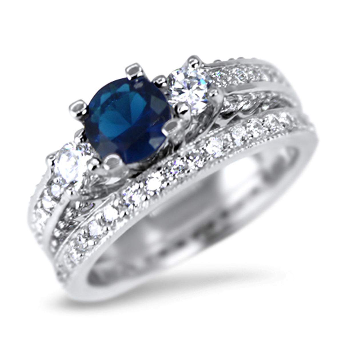 Alternate view of round Brilliant Simulated Sapphire Three Stone Sterling Silver Wedding and Engagement Ring Set | Style 3421