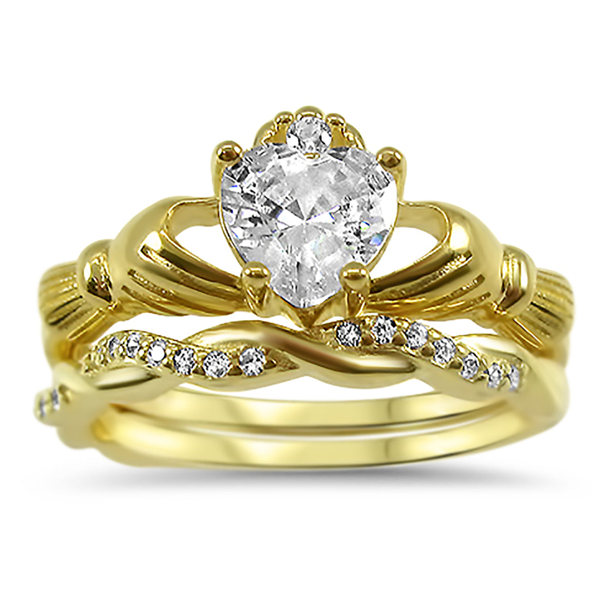 Front view of gold Plated Sterling Silver Claddagh Wedding and Engagement Ring Set