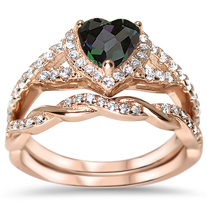1 Carat Black Morganite Heart CZ Wedding Ring Set 14K Rose Gold Over Sterling Silver Size 10
