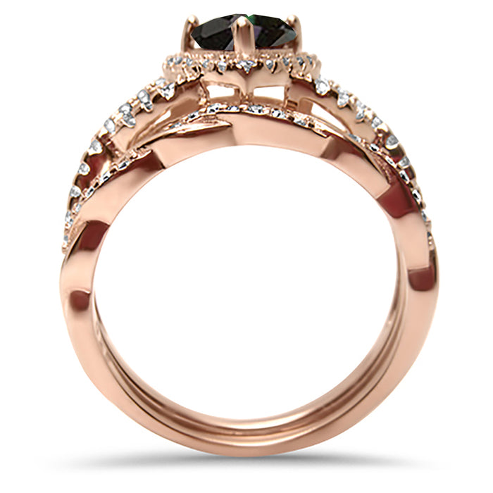 1 Carat Black Morganite Heart CZ Wedding Ring Set 14K Rose Gold Over Sterling Silver Size 10