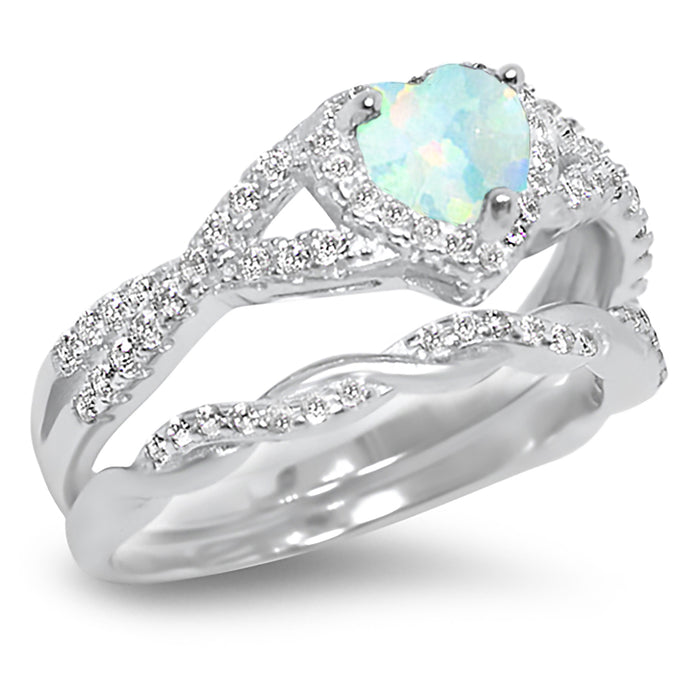 His Her Opal Wedding Ring Set 3 PCS TRIO Silver Titanium Couples Bands