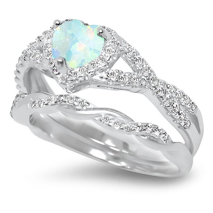 His Her Opal Wedding Ring Set 3 PCS TRIO Silver Titanium Couples Bands