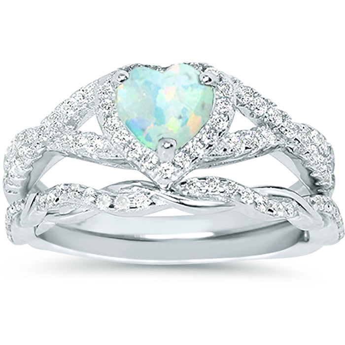 His Her Opal Wedding Ring Set 3 PCS TRIO Silver Titanium Couples Bands