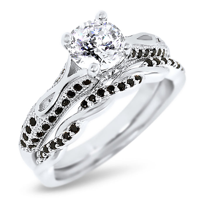His Hers 3 Piece Trio Sterling Silver Black Wedding Band Engagement Ring Set