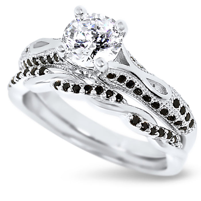 His Hers 3 Piece Trio Sterling Silver Black Wedding Band Engagement Ring Set