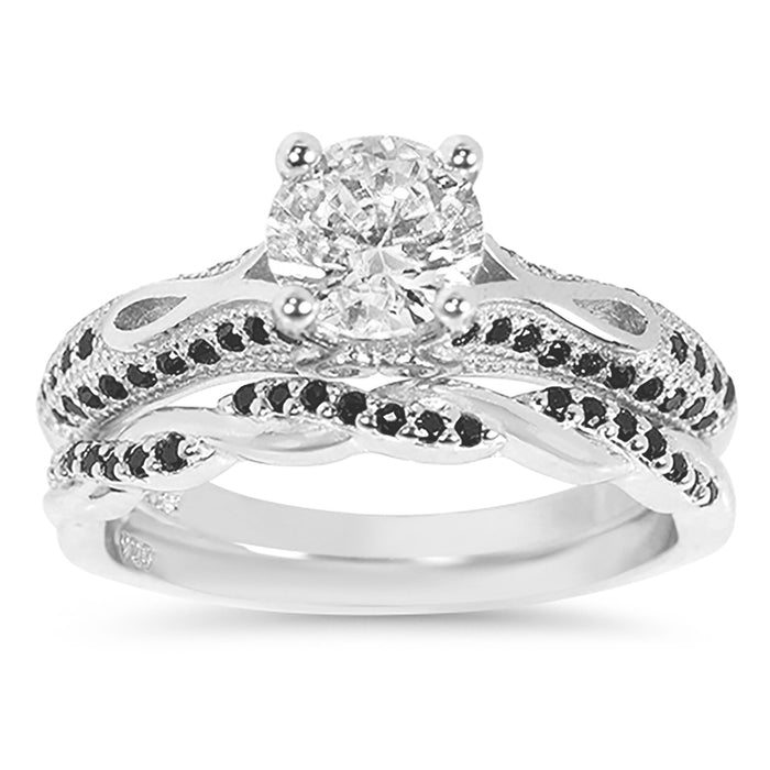 His Hers 3 Piece Trio Sterling Silver Black Wedding Band Engagement Ring Set