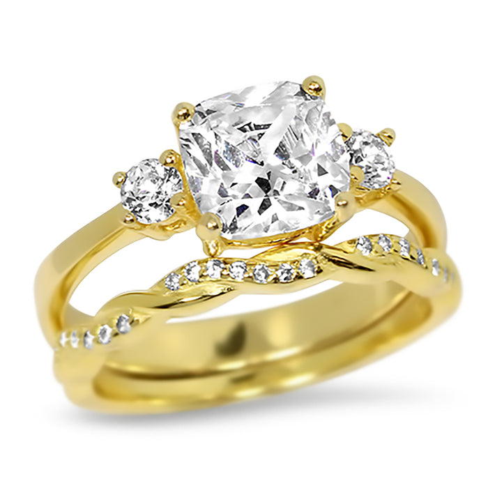 His Her Wedding Ring Set Gold Plated Silver CZ Bridal Set with Matching Band for Him