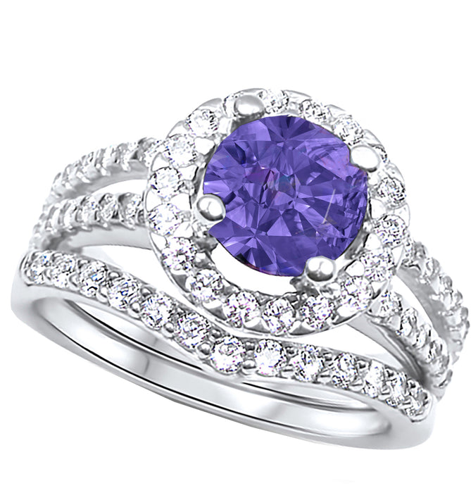 His and Her Wedding Rings, Purple CZ Silver Titanium Wedding Engagement Couples Rings Set