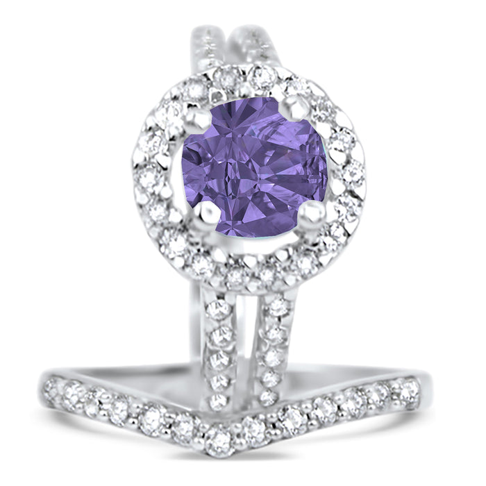His and Her Wedding Rings, Purple CZ Silver Titanium Wedding Engagement Couples Rings Set