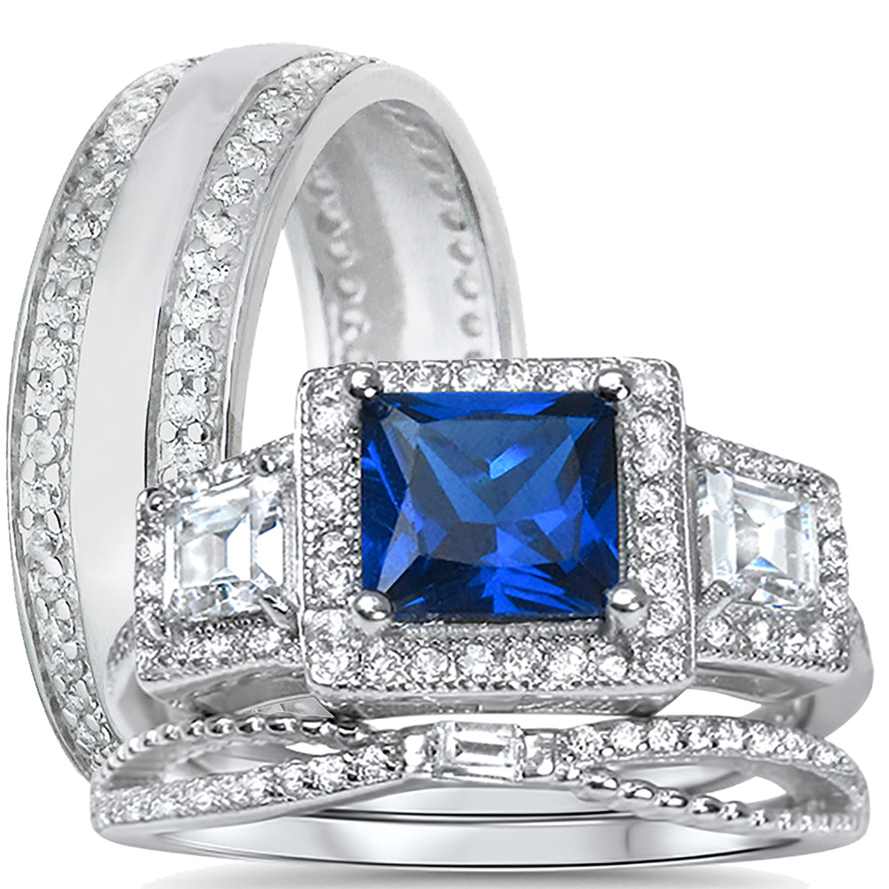 His Her Simulated Blue Simulated Sapphire Sterling Silver Wedding Ring Set